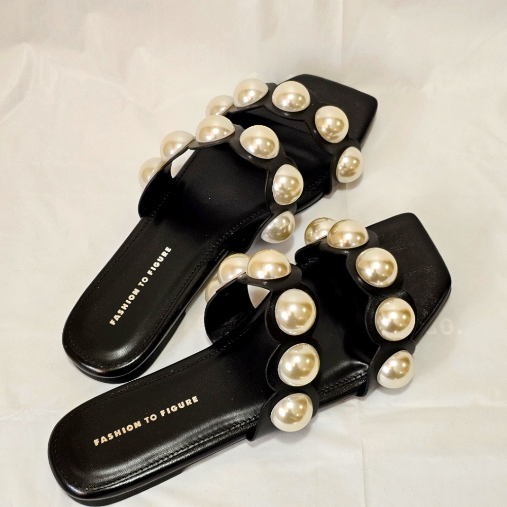 Fashion to Figure Black Pearl Embellished Women's Slides